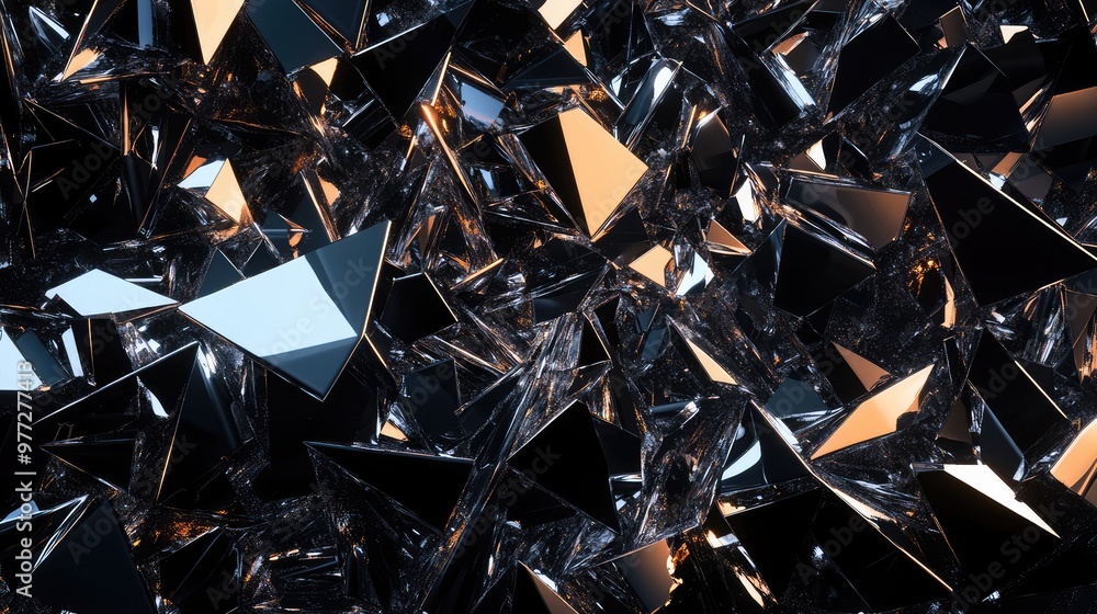 Poster fragmented metallic shards floating in a dark void, reflecting light and casting abstract shadows.