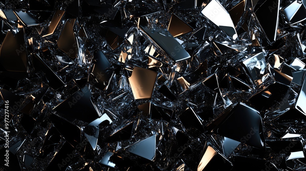 Poster fragmented metallic shards floating in a dark void, reflecting light and casting abstract shadows.