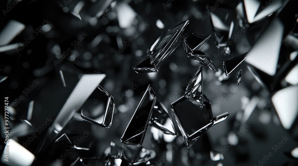 Poster fragmented metallic shards floating in a dark void, reflecting light and casting abstract shadows.