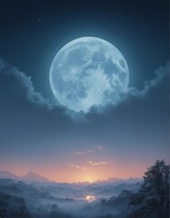 A bright full moon rises over a sea of clouds, illuminating the serene night sky with a soft, celestial glow. The dark blue sky is dotted with faint stars, creating a tranquil, dreamlike atmosphere.