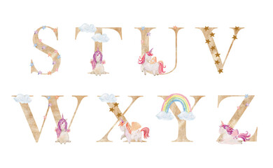 Watercolor unicorns letters.