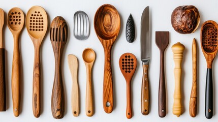 Assorted kitchen utensils with wooden handles neatly arranged on a white surface