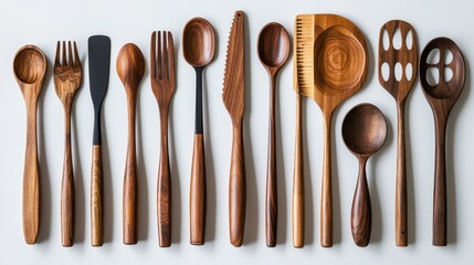 Assorted kitchen utensils with wooden handles neatly arranged on a white surface
