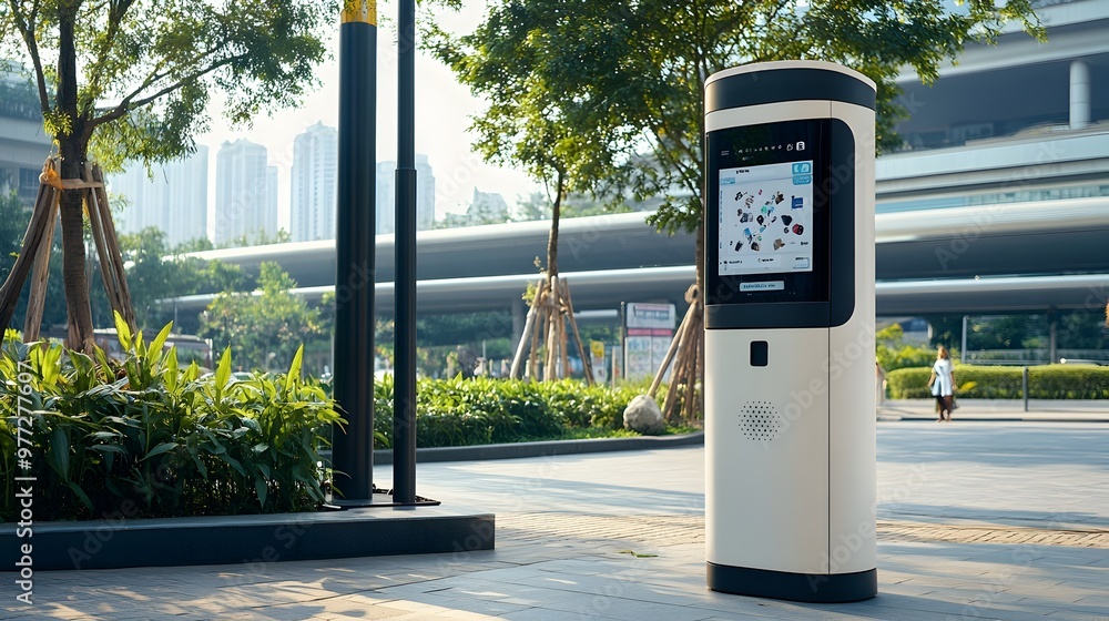 Poster high-tech smart waste bin with real-time recycling data in public space