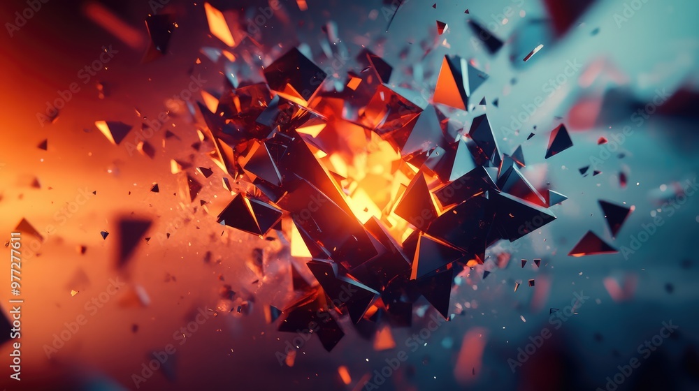 Poster fragmented polygons breaking apart, revealing a glowing core within.
