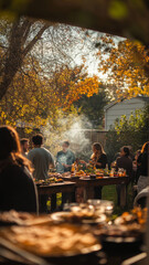 Outdoor gathering with people having a meal in autumn setting