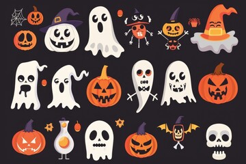 Set of Halloween icons featuring ghosts, pumpkins, and more