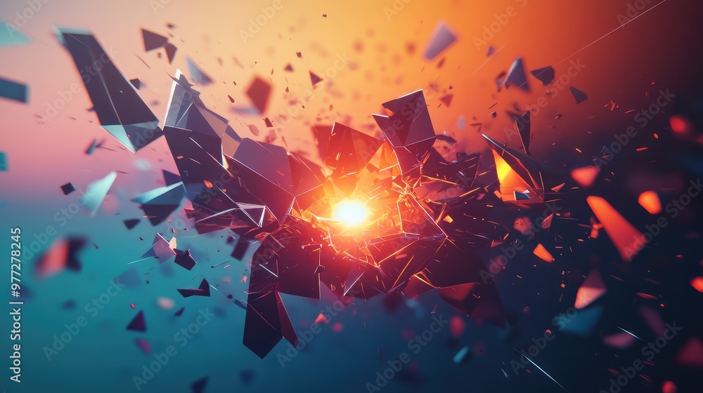Poster fragmented polygons breaking apart, revealing a glowing core within.