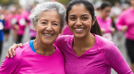 Senior Hispanic woman smiling while hugging her young adult granddaughter at a breast cancer awareness charity race, both wearing pink athletic clothing as other participants register in background