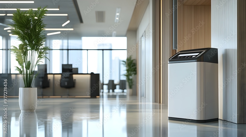 Poster smart waste bin in corporate office enabling efficient waste management with notifications
