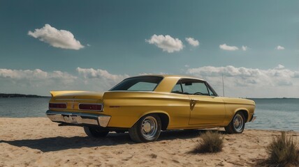 Yellow Car By The Sea , Forest, Nature, Summer, Sky, Sun, Trees, Clouds, Grass, Plants, Flowers, Sunset, Water