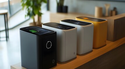 Sleek Minimalist Smart Waste Bin with Touchscreen Interface Showcasing Recycling Metrics