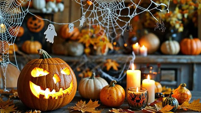 Enchanting Halloween Ambiance. Glowing Pumpkins and Flickering Candles Creating a Spooky Charm