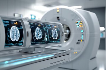 Advanced medical imaging technology showcases brain scans on monitors in a modern healthcare environment.