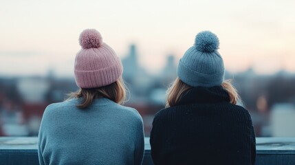 Two individuals wearing beanies stand together on a rooftop, gazing at the distant city's blurred skyline during a calm, slightly overcast evening at dusk.