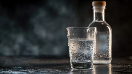 A vodka shot glass filled to the brim, placed beside a full bottle with subtle condensation.