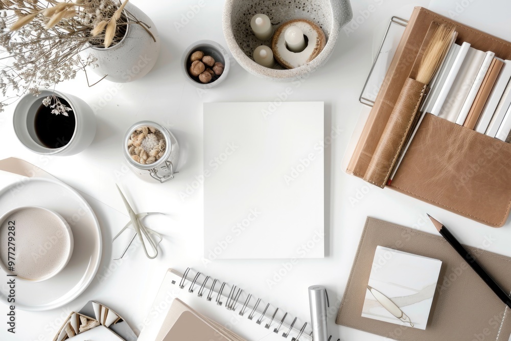 Poster a person working or studying at home, surrounded by a simple setup with a cup of coffee and a notebo