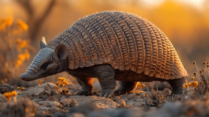 Armadillo walking through grass at sunset
