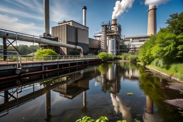 Obraz premium Pollution from an industrial factory contaminates water amidst lush greenery under a clear blue sky, highlighting environmental negligence and waste issues.