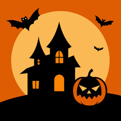 Halloween background with pumpkin and bats house 