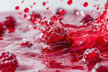 Fototapeta premium A single raspberry falls into a glass of water