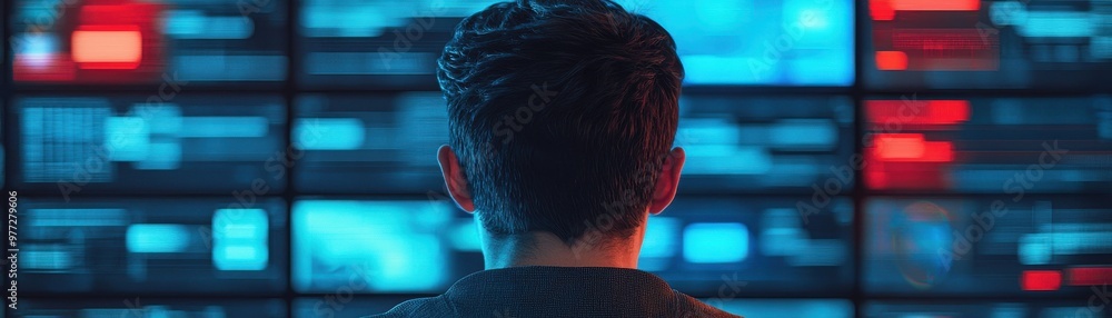Poster a person viewed from behind, observing a high-tech data display with vibrant colors, symbolizing tec
