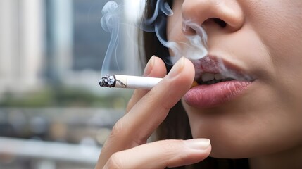 Obraz premium A woman smoking a cigarette. The smoke from the cigarette is clearing in the air.