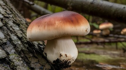 Fototapeta premium A reishi mushroom, also known as Ganoderma lucidum, growing on a tree trunk. The mushroom has a reddish-brown color and a smooth, shiny surface.