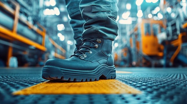 A close-up of a sturdy work boot on an industrial floor, showcasing durability and safety in a factory setting.
