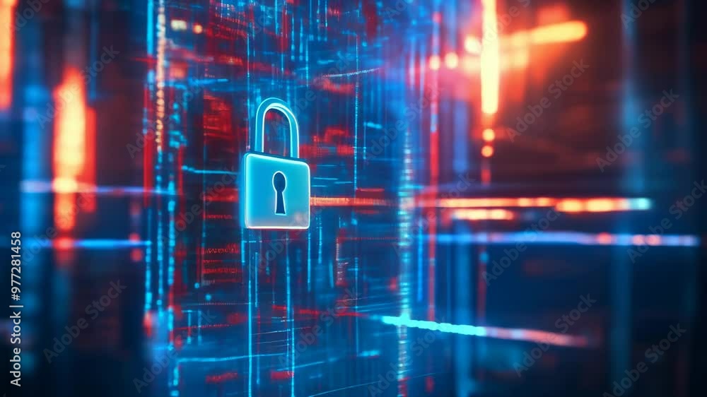 Poster Digital lock icon in a glowing futuristic setting symbolizing data security and technology in business. Concept of protecting corporate information.