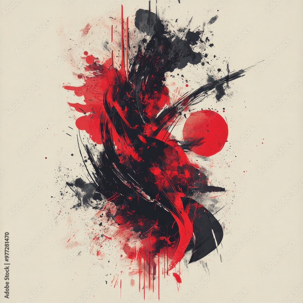 Wall mural Abstract artwork featuring bold red and black splashes and strokes.