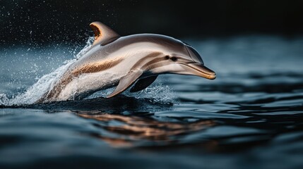 Fototapeta premium A stunning image of a dolphin mid-jump out of the water at sunset, captured in perfect motion, with water droplets and splashes frozen against a backdrop of deep water.