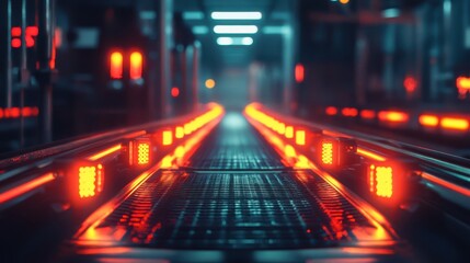Obraz premium A futuristic corridor featuring glowing red lights, showcasing advanced technology and a sleek industrial design.