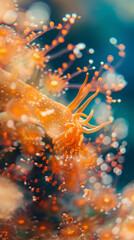 Bright and uplifting close up of an underwater scene featuring vibrant orange marine life, showcasing intricate details and dreamy bokeh effect