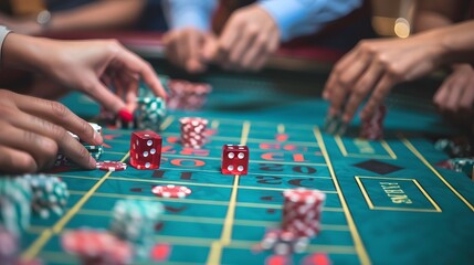 Fototapeta premium Betting Chips on Craps Table: Hands placing a bet on the craps table, dice ready to be rolled and chips in place. 