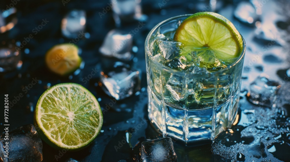 Poster a vodka shot glass next to a lime slice and scattered ice cubes, creating a crisp, refreshing compos