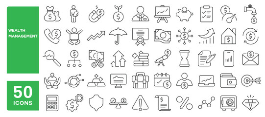 Set of 50 line icons related to wealth management, diversification, equity, income, finance, retirement, fund, balance, retirement, risk, trade, Editable stroke. Vector illustration