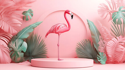 a pink flamingo standing on a white podium in a tropical environment Beautiful pink flamingo stands on beach in bubbling white sea foam  pink podium with palm trees and flamingo in the water