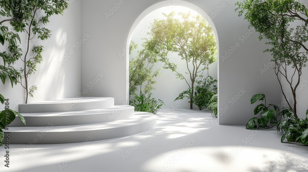 Poster clean white setting with product podium and soft shadows, perfect for creating a premium product sho