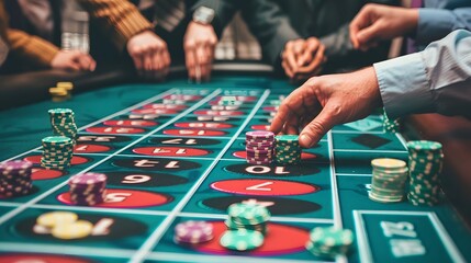 Betting Chips on Craps Table: Hands placing a bet on the craps table, dice ready to be rolled and chips in place.
