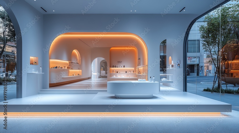 Poster clean white space with floating product display shelves, creating a futuristic and minimal look for 