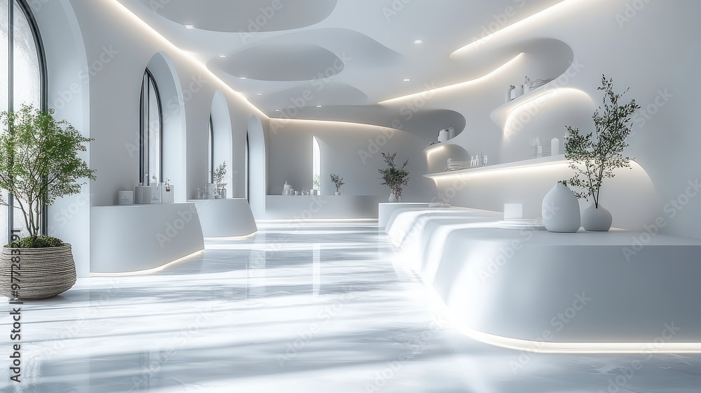 Poster clean white space with floating product display shelves, creating a futuristic and minimal look for 