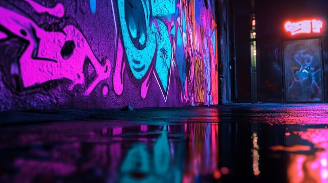 Vibrant glowing graffiti art on dark urban wall, rebellious street art glowtime, edgy artistic.