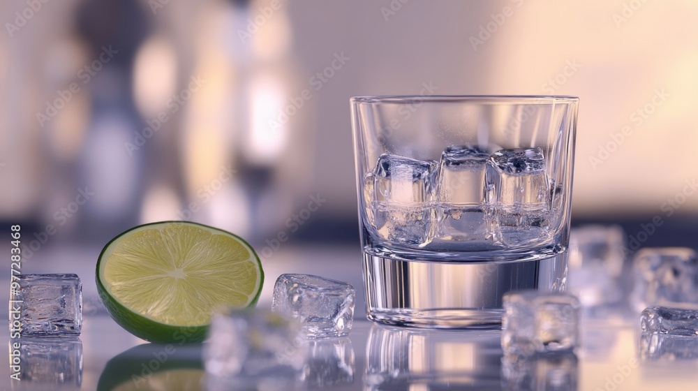 Poster a vodka shot glass next to a lime slice and scattered ice cubes, creating a crisp, refreshing compos