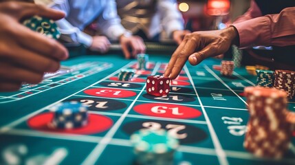 Betting Chips on Craps Table: Hands placing a bet on the craps table, dice ready to be rolled and chips in place.
