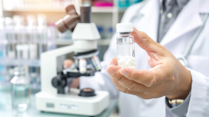 Scientist in lab coat holding vial of experimental drug, with microscope and scientific equipment, symbolizing drug trials and medical research process.
