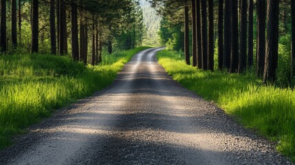 Naklejka premium Rustic pine forest gravel road landscape.