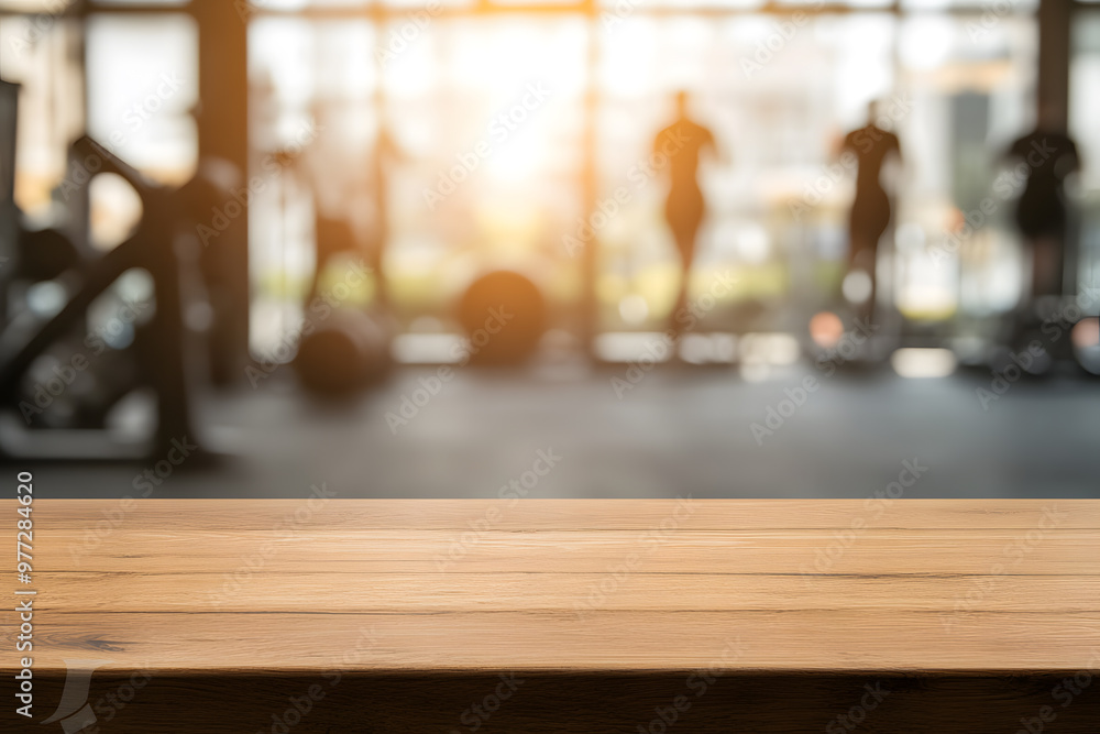Poster blurred background of an empty wooden table in gym | workout space with minimalist design