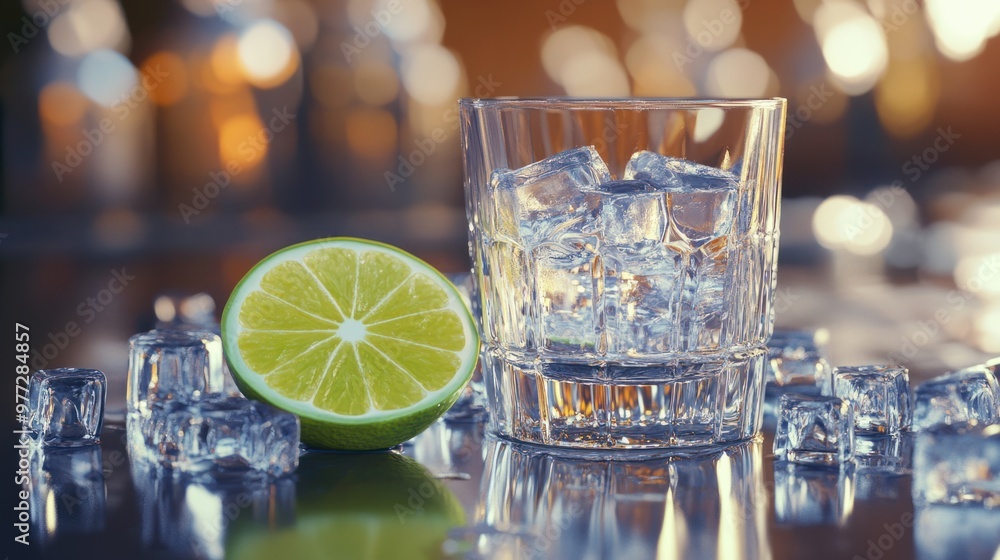 Poster a vodka shot glass next to a lime slice and scattered ice cubes, creating a crisp, refreshing compos