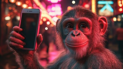 Funny monkey showing smartphone blank screen